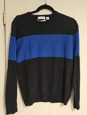 Calvin Klein Men’s Navy & Blue Wide Stripe Crewneck Sweater Large Merino wool